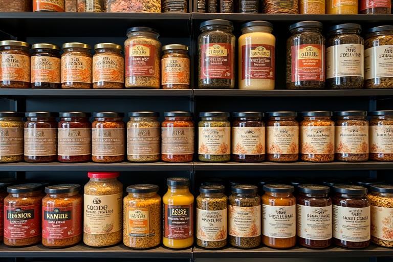 Shelves stocked with exotic spices, oils, and specialty imported foods
