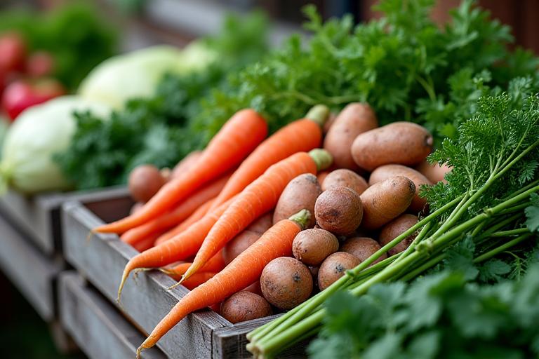 A vibrant display of fresh Irish vegetables in a wooden crate